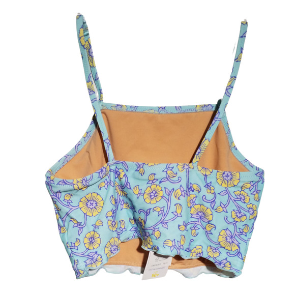 J Crew Girls Floral Tankini UPF 50+ Blue Yellow Top Ruffle Hem Strappy Size 8 - Picture 2 of 6